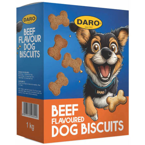 Box of Daro beef-flavored dog biscuits with a cartoon dog on the packaging.