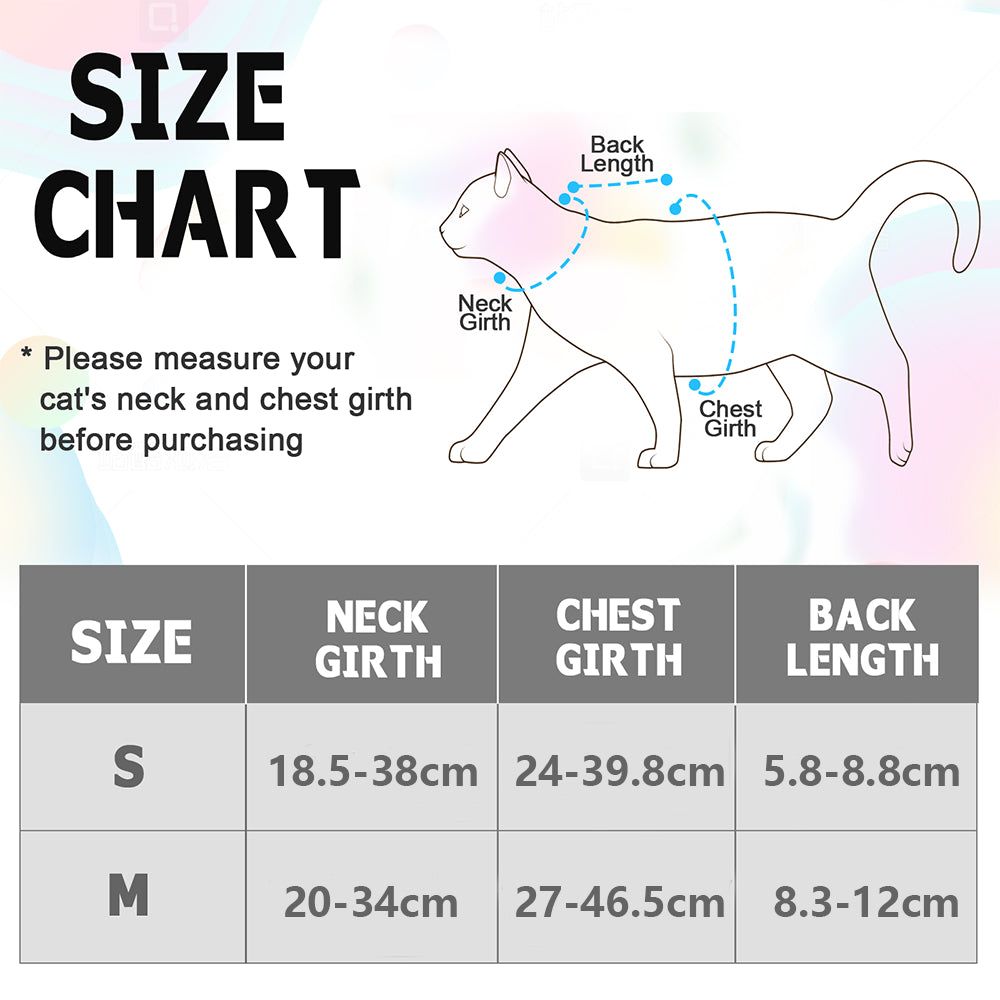 Cat size chart with measurements for neck girth, chest girth, and back length on a colorful background.
