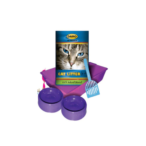 Cat litter set with purple containers, scoop, and Dario brand packaging on a white background