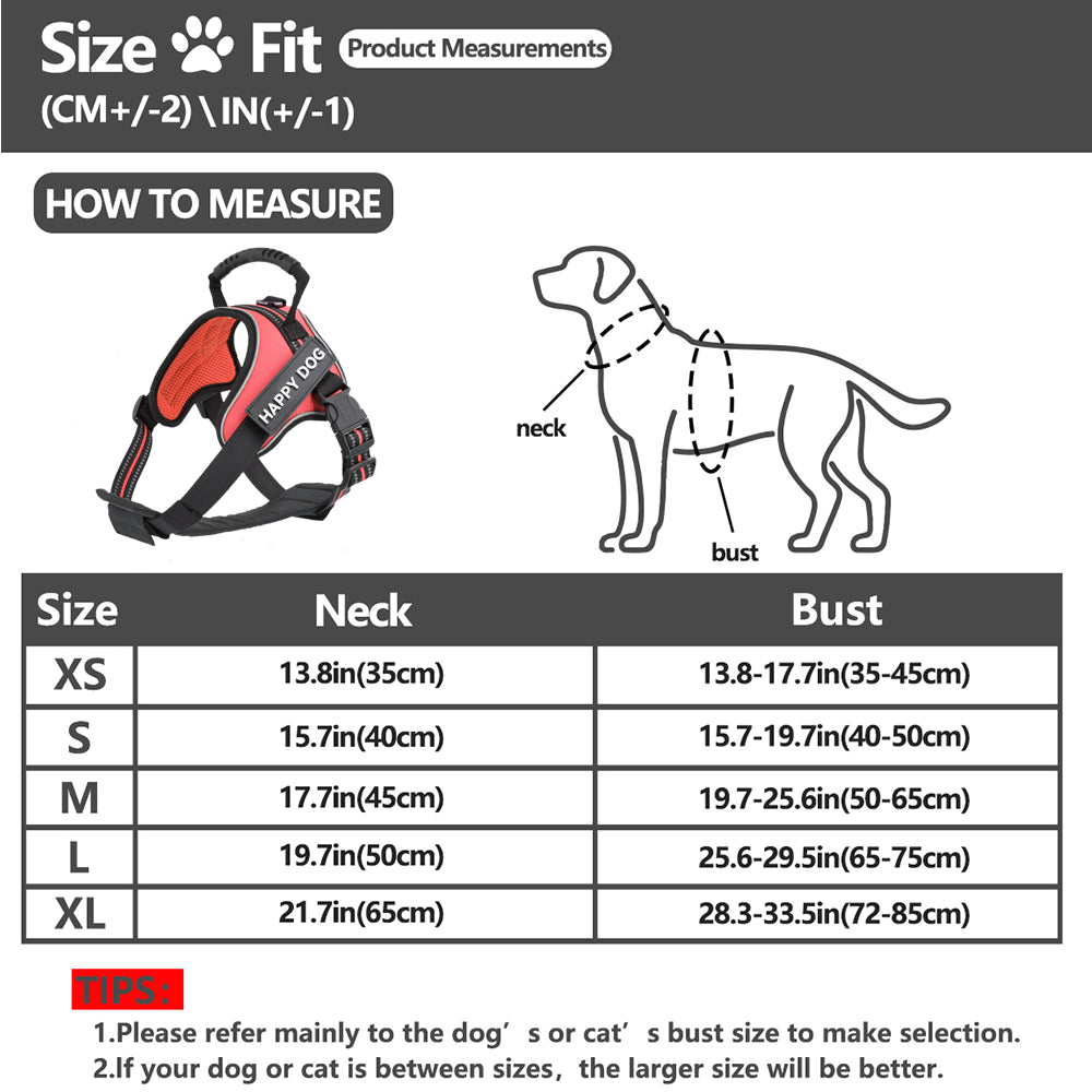 Dog harness measurement chart with size guide and how-to-measure diagram.