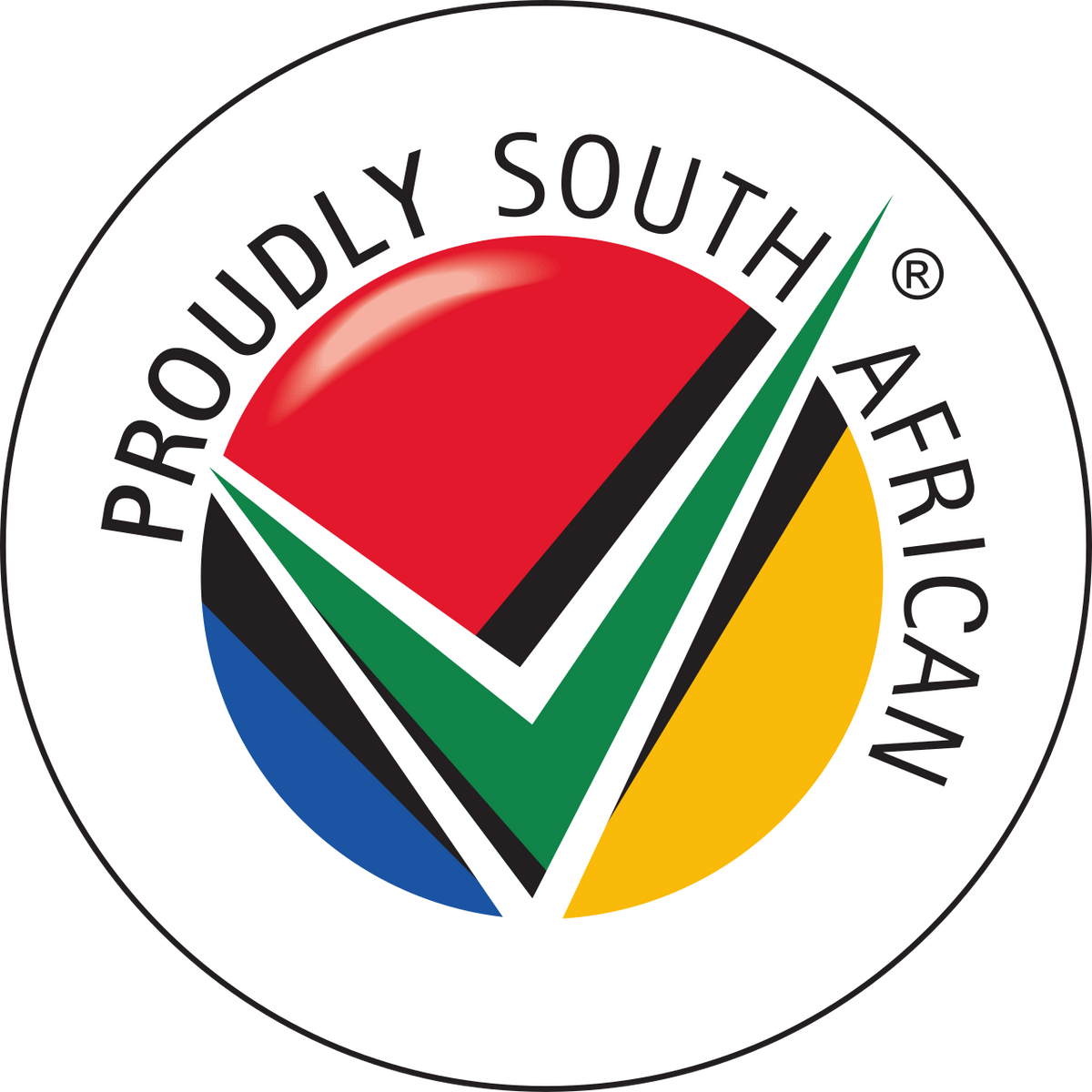 Logo with red, yellow, green, and blue shapes and text 'Proudly South African' on a white background
