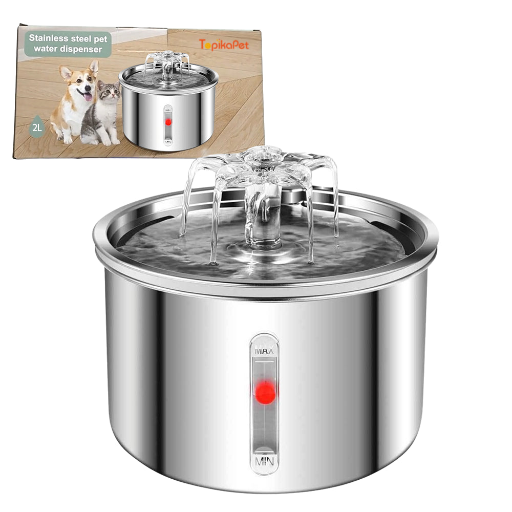 TopikaPet 2L Stainless Steel Pet Water Dispenser, Stainless Steel Pet Fountain