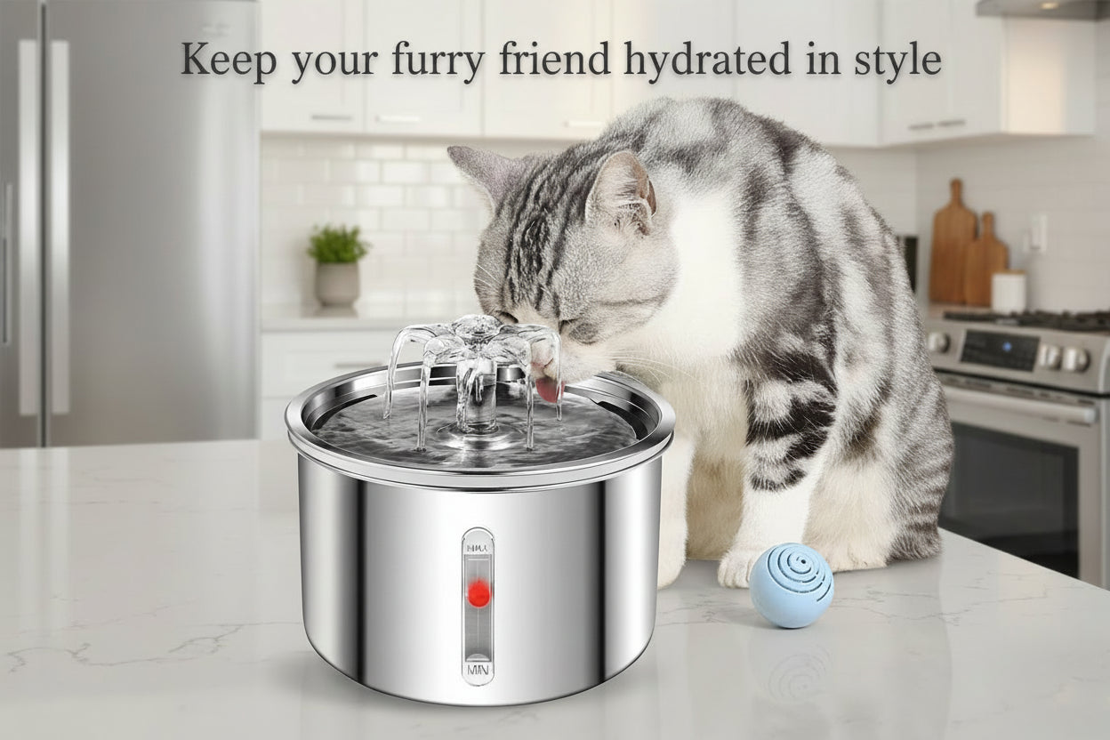 TopikaPet 2L Stainless Steel Pet Water Dispenser, Stainless Steel Pet Fountain