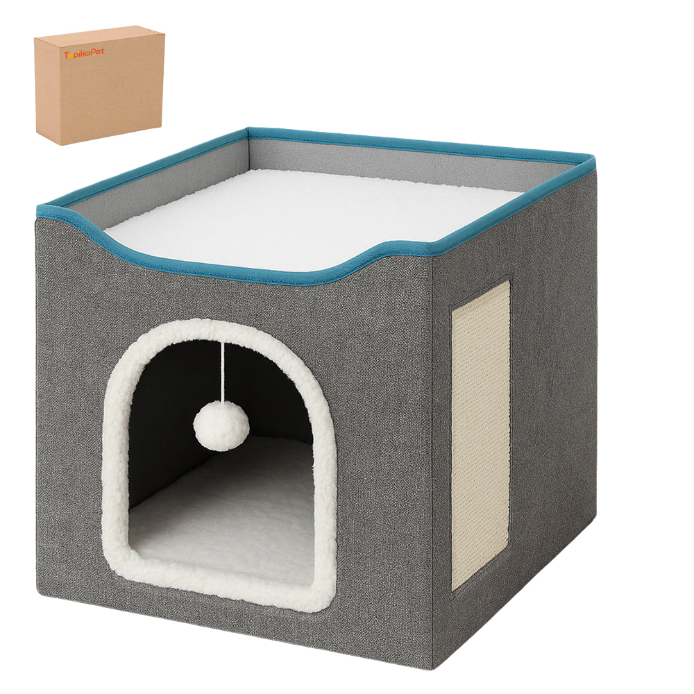 Gray pet bed with a white ball and blue trim on a white background