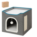 Gray pet bed with a white ball and blue trim on a white background