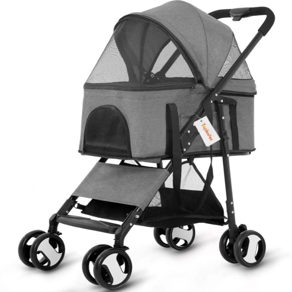Gray pet stroller with a black frame on a white background