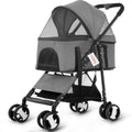 Gray pet stroller with a black frame on a white background