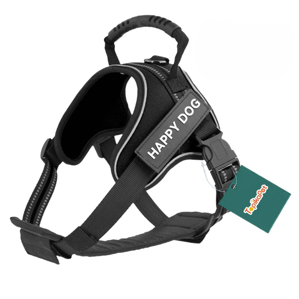 Black dog harness with 'Happy Dog' label on a white background