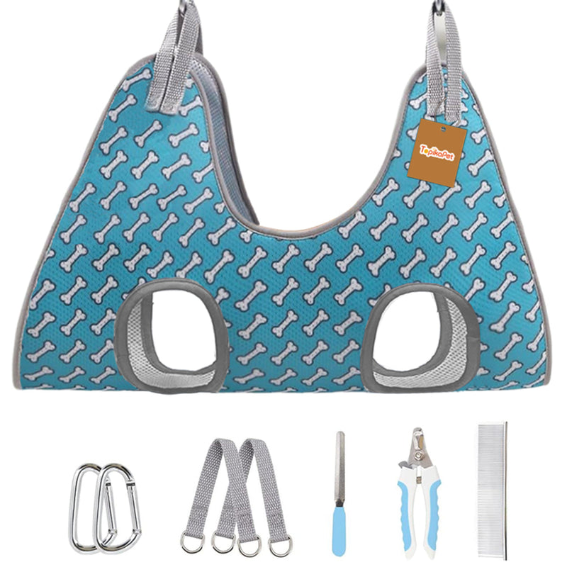 Blue dog harness with bone pattern and additional pet care items on a white background