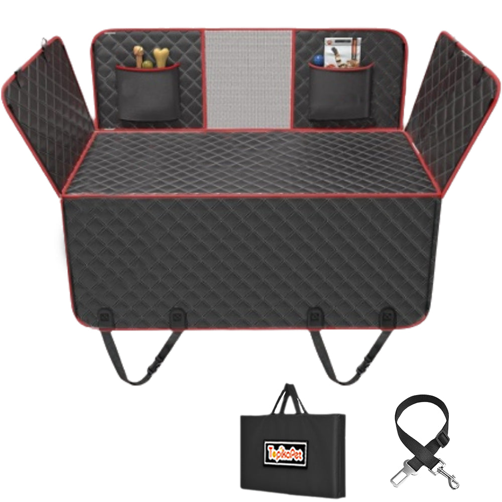 Car trunk organizer with storage pockets and a carrying bag on a white background