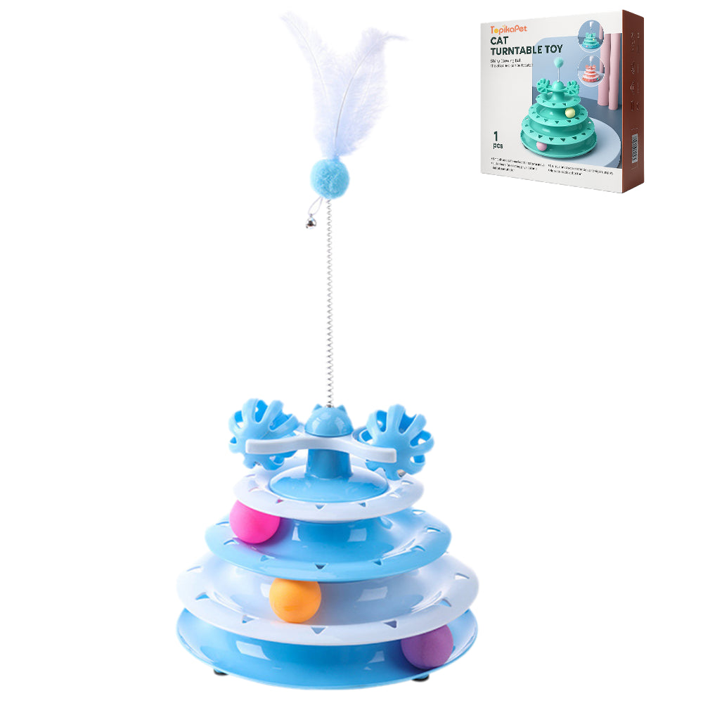 Cat turntable toy with colorful tiers and feather attachment, displayed with packaging on a white background.