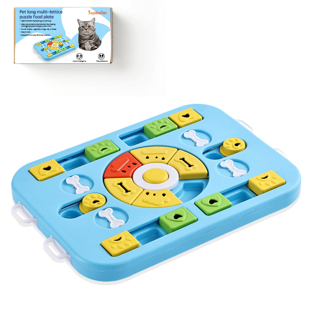 Colorful puzzle toy for pets with packaging in the background