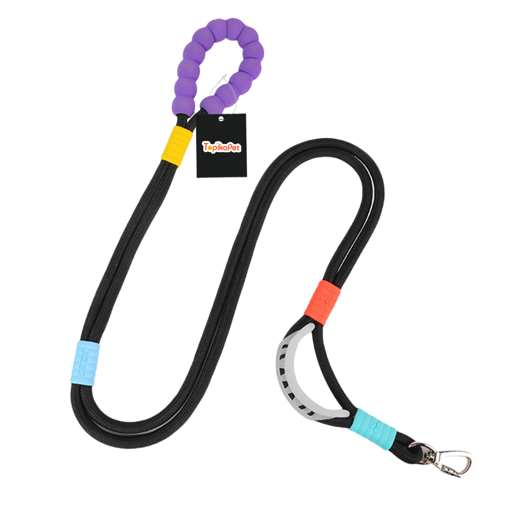Dog leash with colorful handle and attachments on a white background