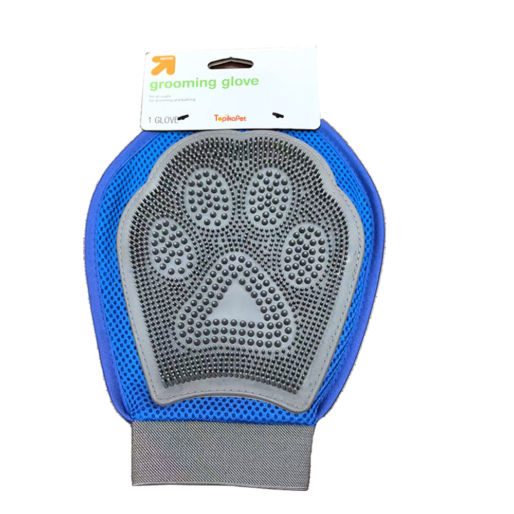 Blue grooming glove with gray textured surface on a white background