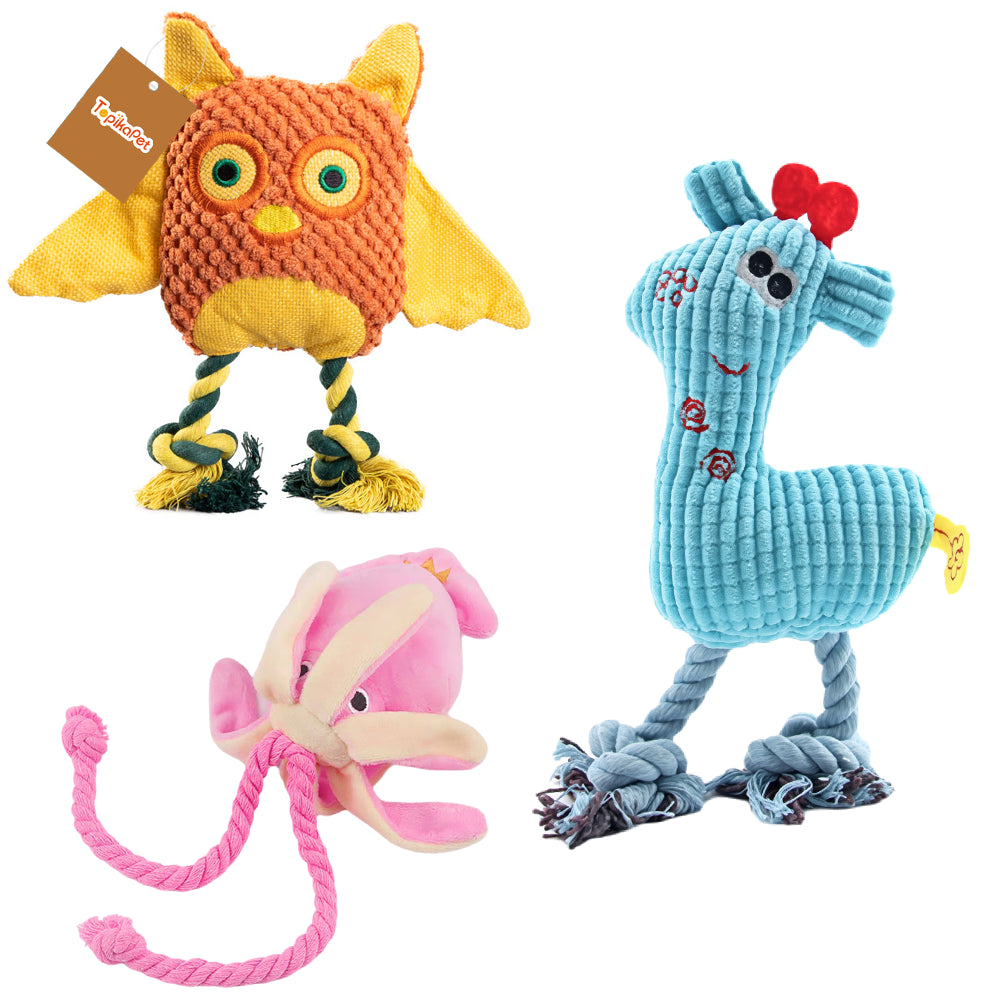 Four colorful plush toys with ropes on a white background