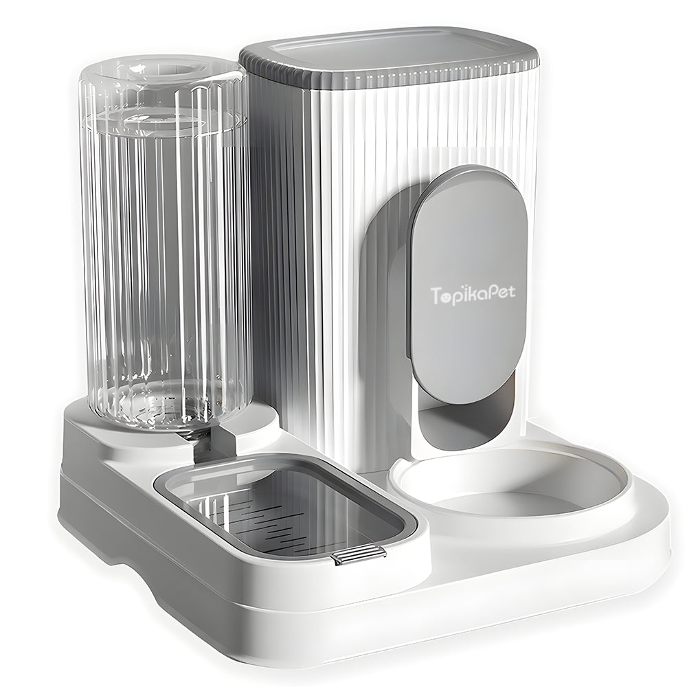 Gray and white pet feeder with water dispenser on a white background