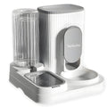 Gray and white pet feeder with water dispenser on a white background