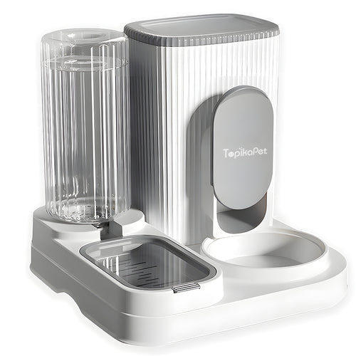 Gray and white pet feeder with water dispenser on a white background