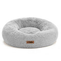 Gray fluffy donut pet bed with Topika label on a white background