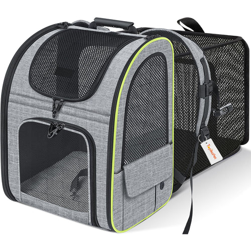 Gray pet carrier with mesh sides on a white background