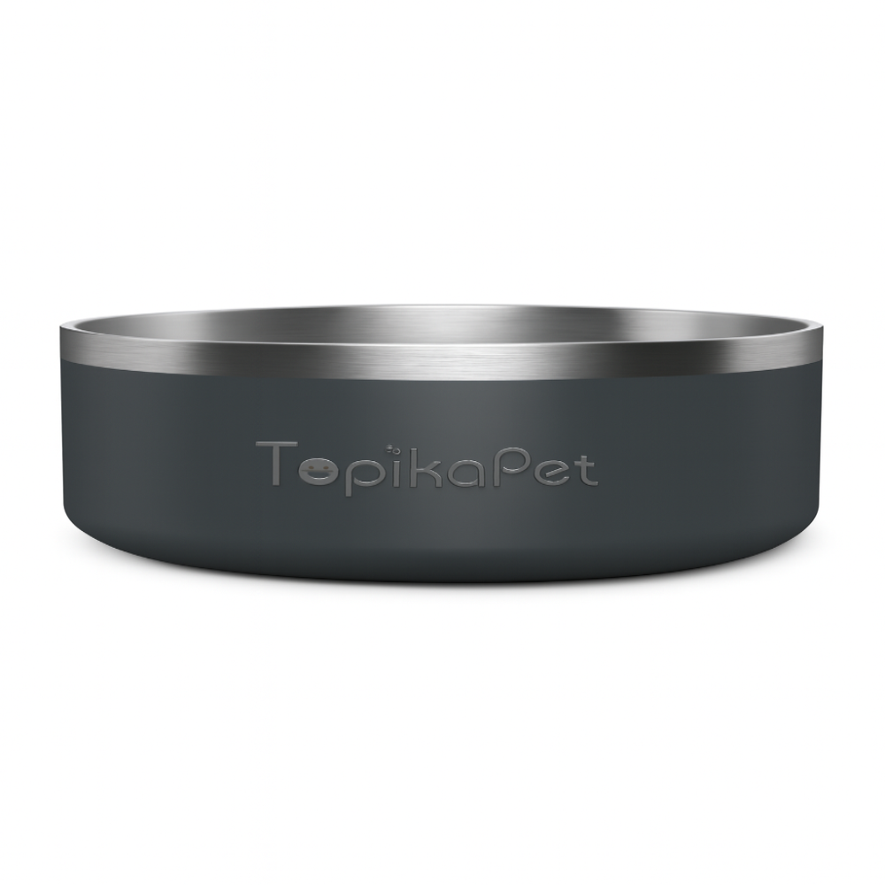 Grey pet bowl with silver rim on a white background, featuring the TopikaPet brand.