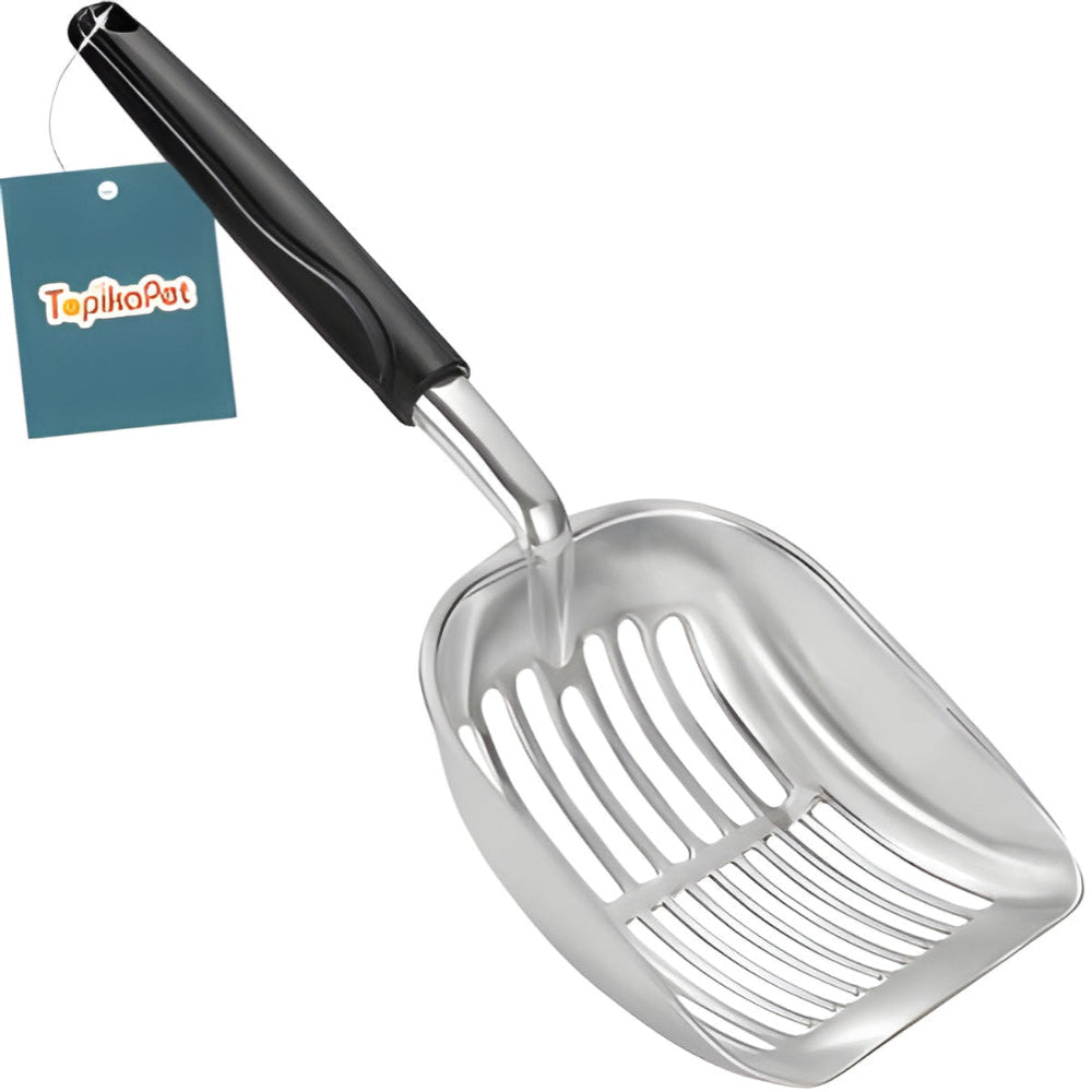 Metal cat litter scoop with black handle on a white background