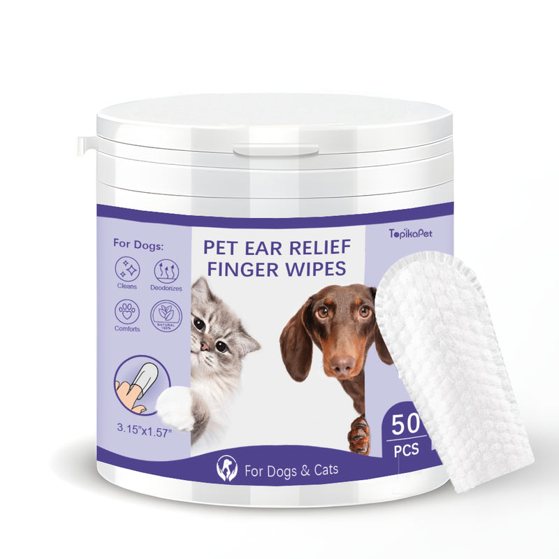 Pet ear relief finger wipes container with images of a dog and a cat on a white background
