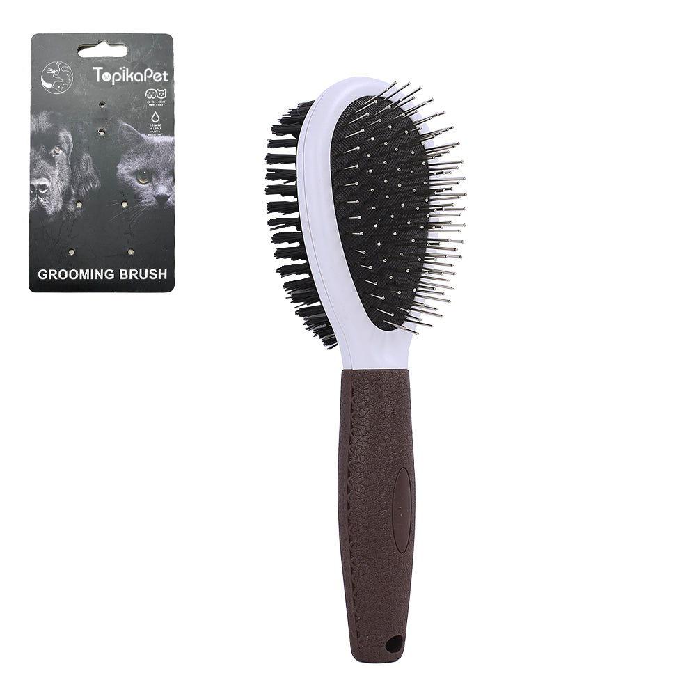 Pet grooming brush with black bristles and brown handle on a white background