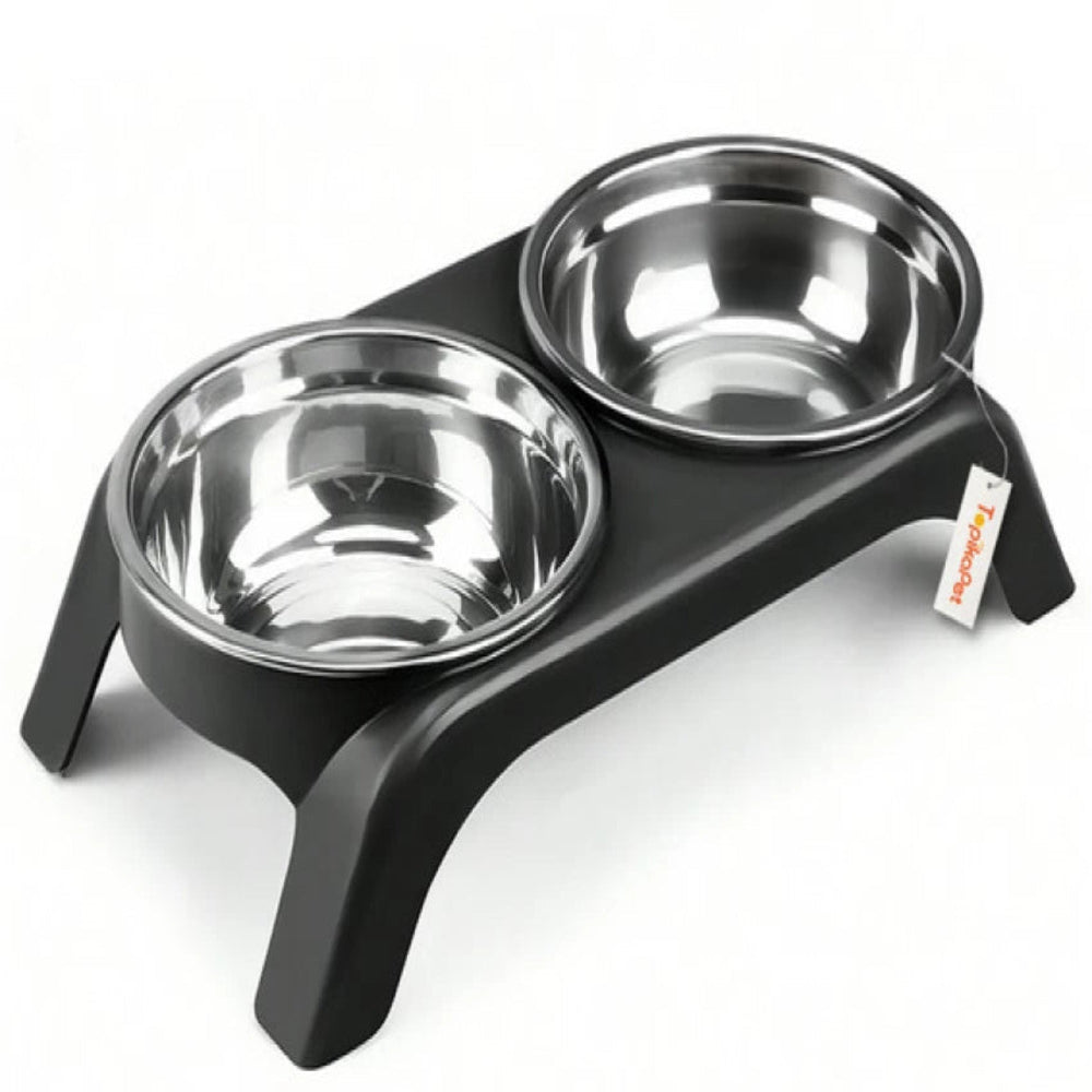 Stainless steel double-dish pet feeder with black base on a white background