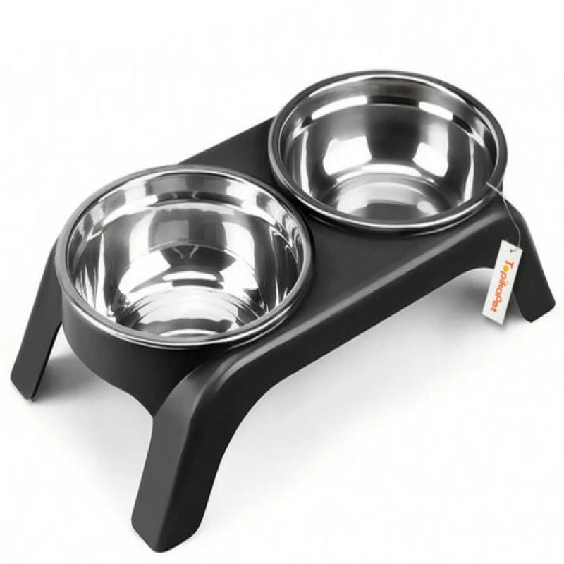 Stainless steel double-dish pet feeder with black base on a white background
