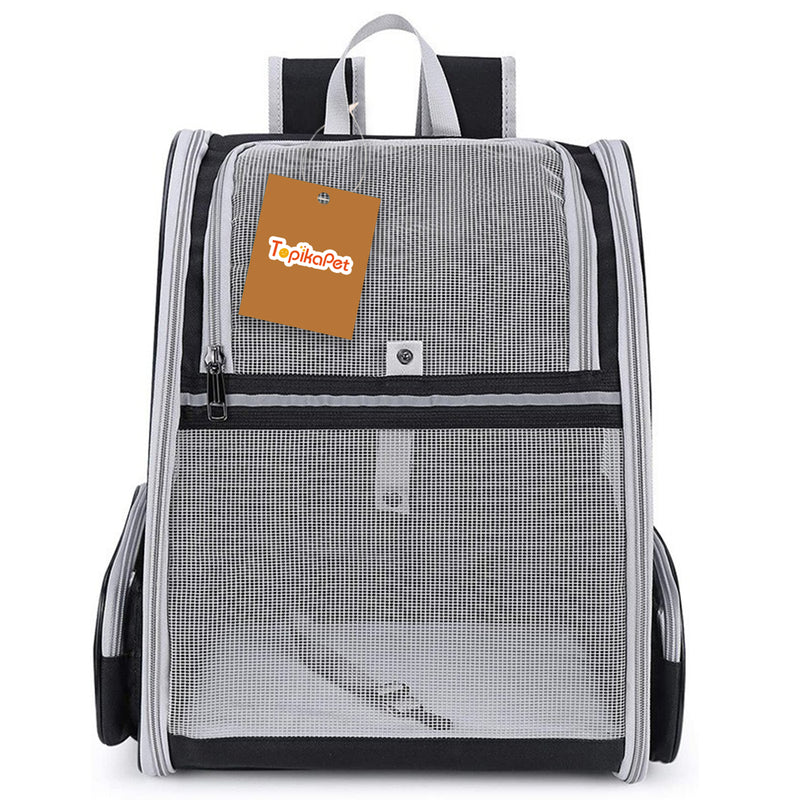 Pet backpack with a clear front panel and black trim, featuring a TopkitaPet tag.
