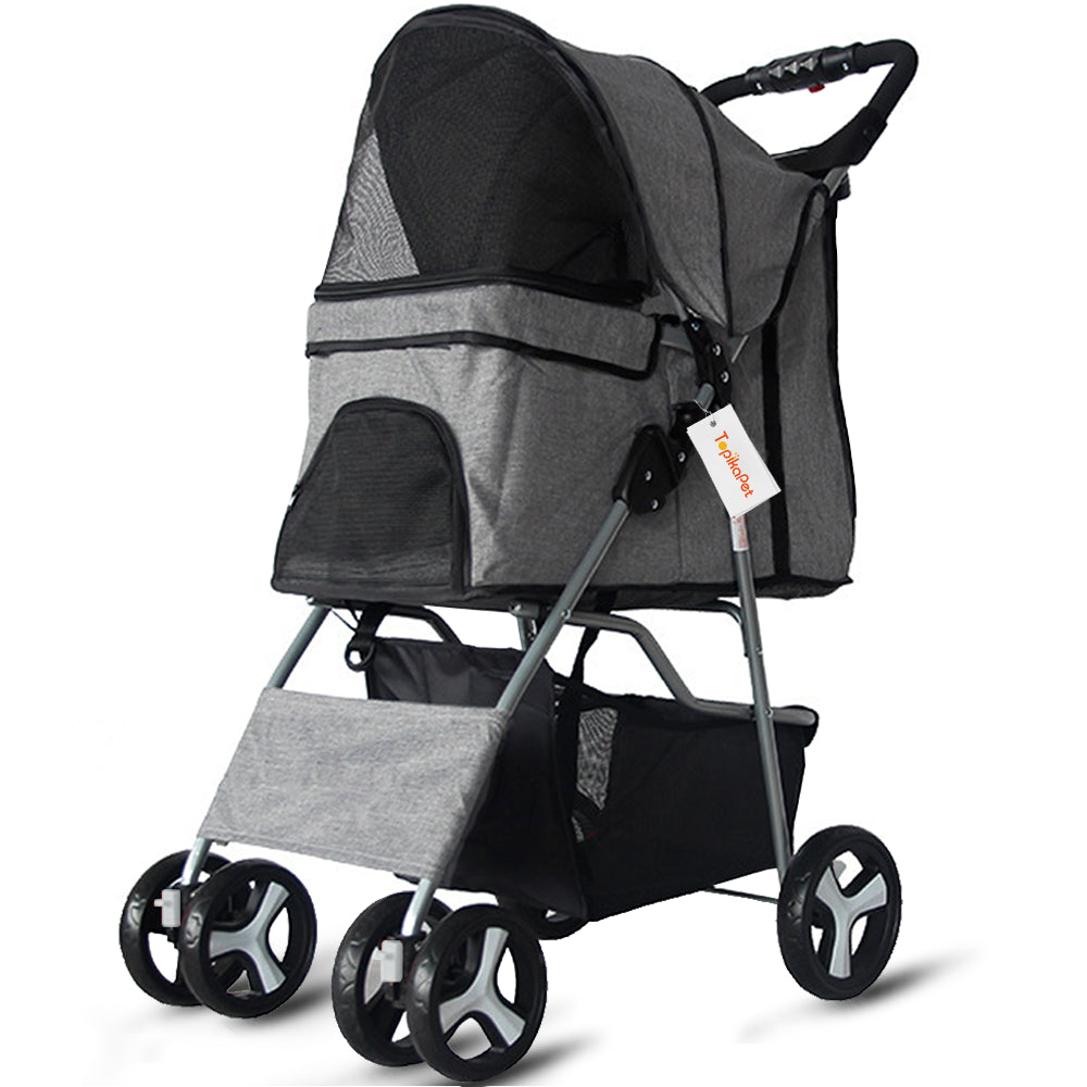 Grey pet stroller with a black seat on a white background