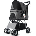 Grey pet stroller with a black seat on a white background