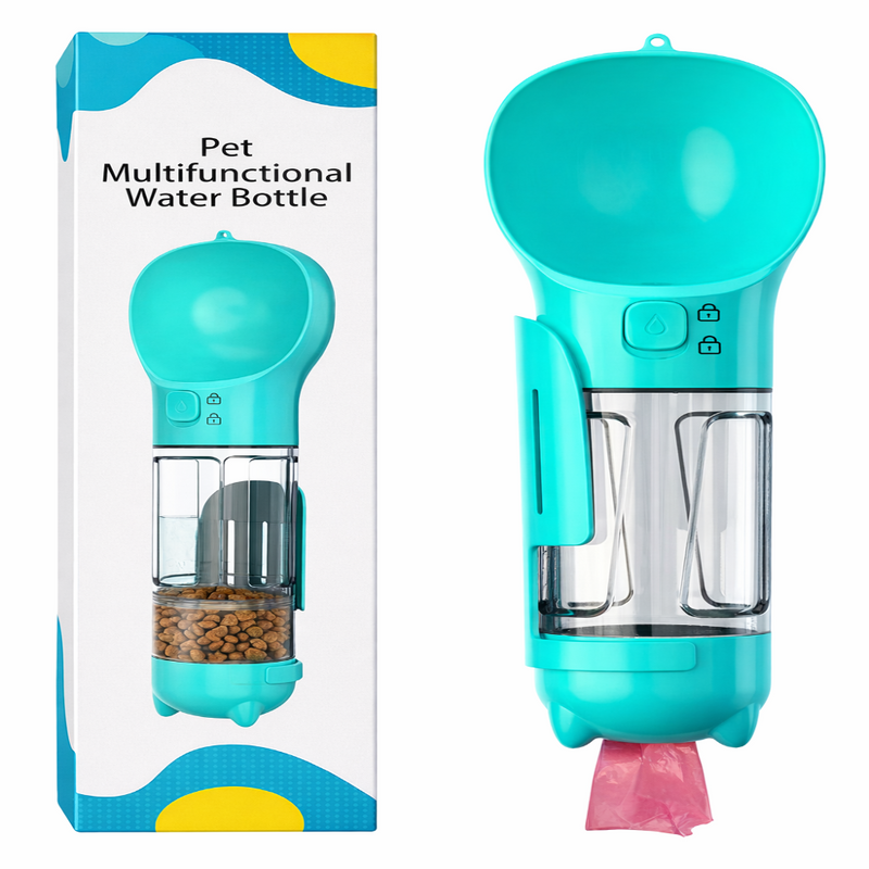 Pet multifunctional water bottle with packaging on a white background