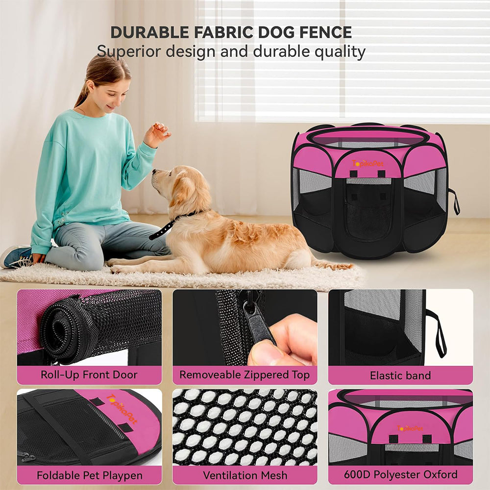 Portable Dog Playpen for Small Pets – Pink Medium with Carry Bag By TopikaPet