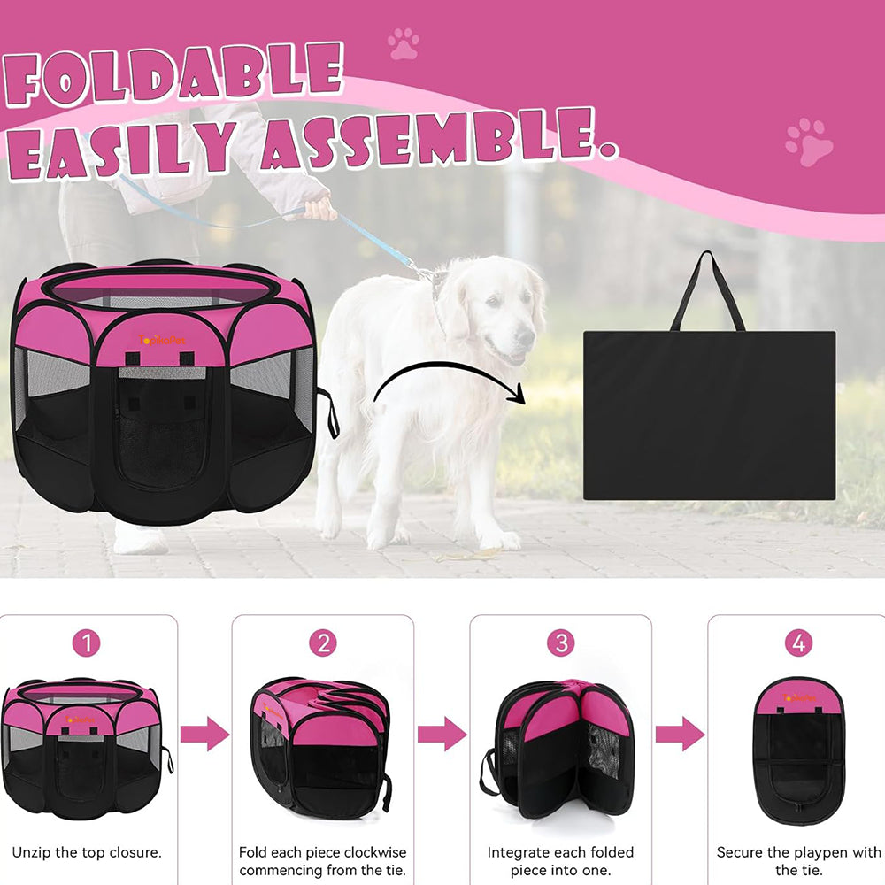 Portable Dog Playpen for Small Pets – Pink Medium with Carry Bag By TopikaPet