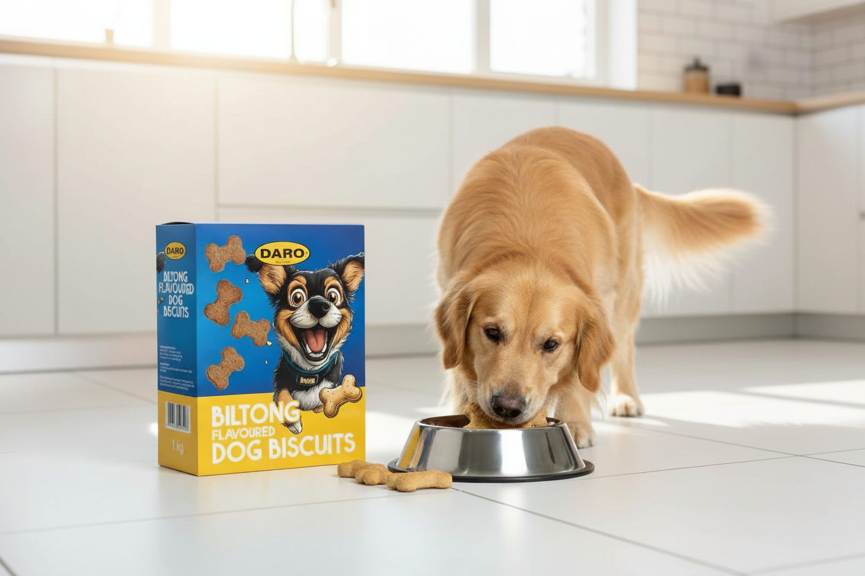 Daro dog biscuits in sunny kitchen