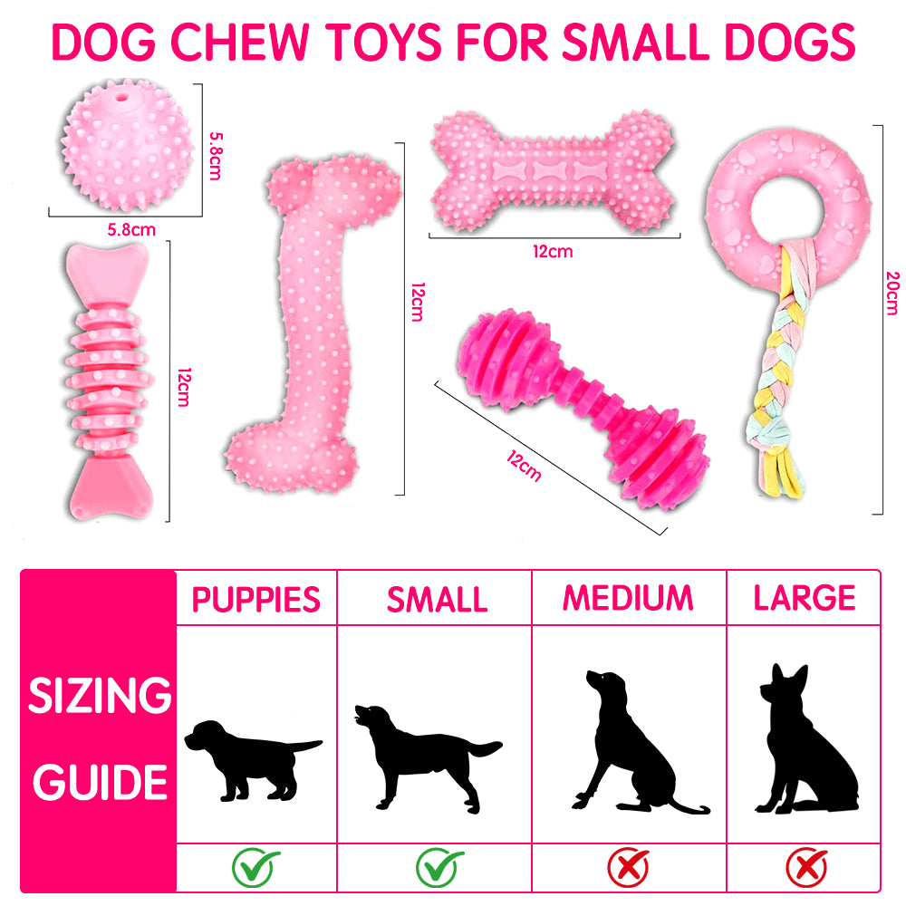 Puppy Chew & Squeaky Toy Set – 6 Pack Teething Toys for Small Dogs, Pink By TopikaPet