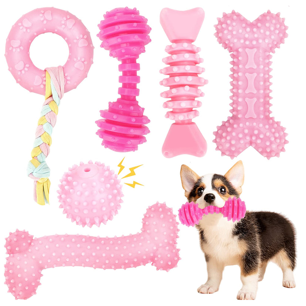 Puppy Chew & Squeaky Toy Set – 6 Pack Teething Toys for Small Dogs, Pink By TopikaPet