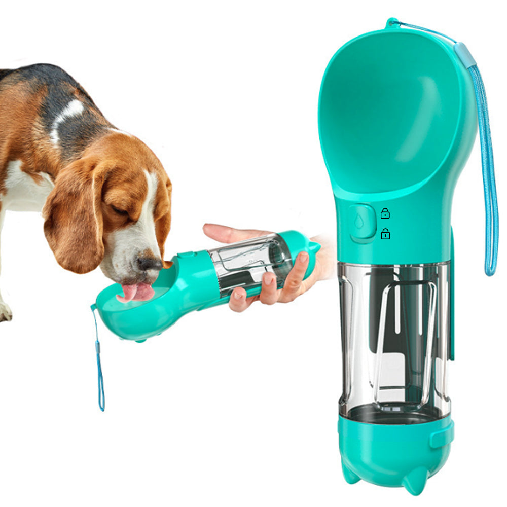 Dog Water Bottle 4-in-1 – Portable Travel with Food Bowl, Poop Shovel & Dispenser, Green By TopikaPet