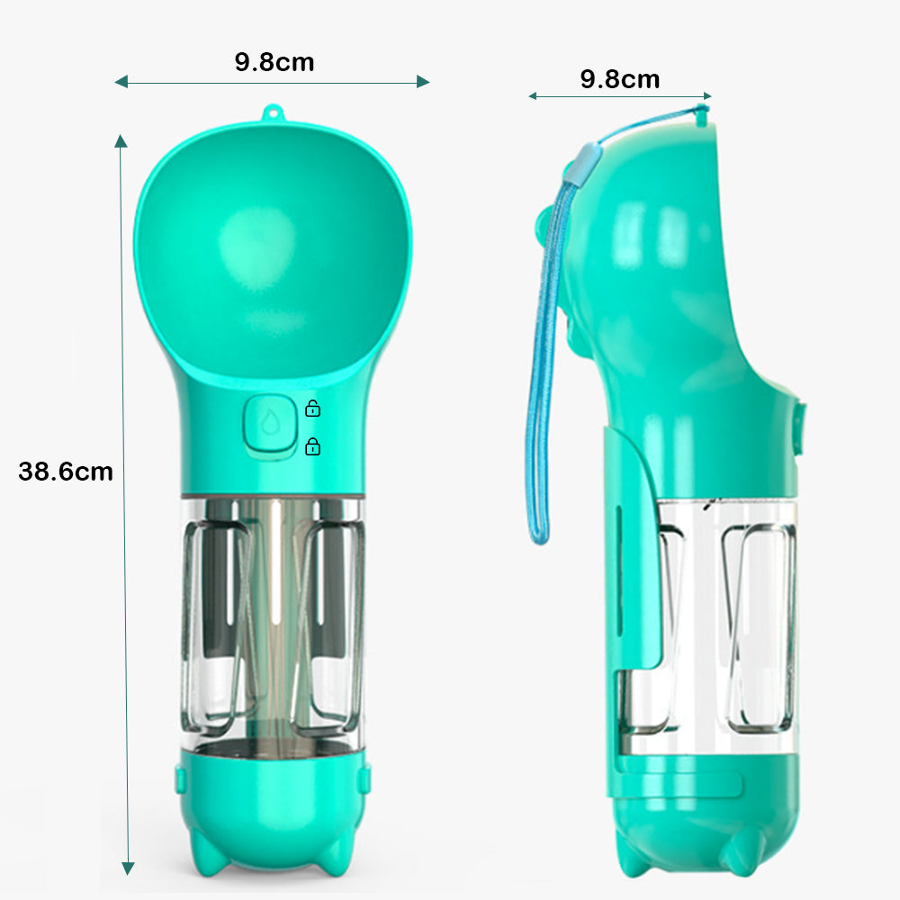 Dog Water Bottle 4-in-1 – Portable Travel with Food Bowl, Poop Shovel & Dispenser, Green By TopikaPet