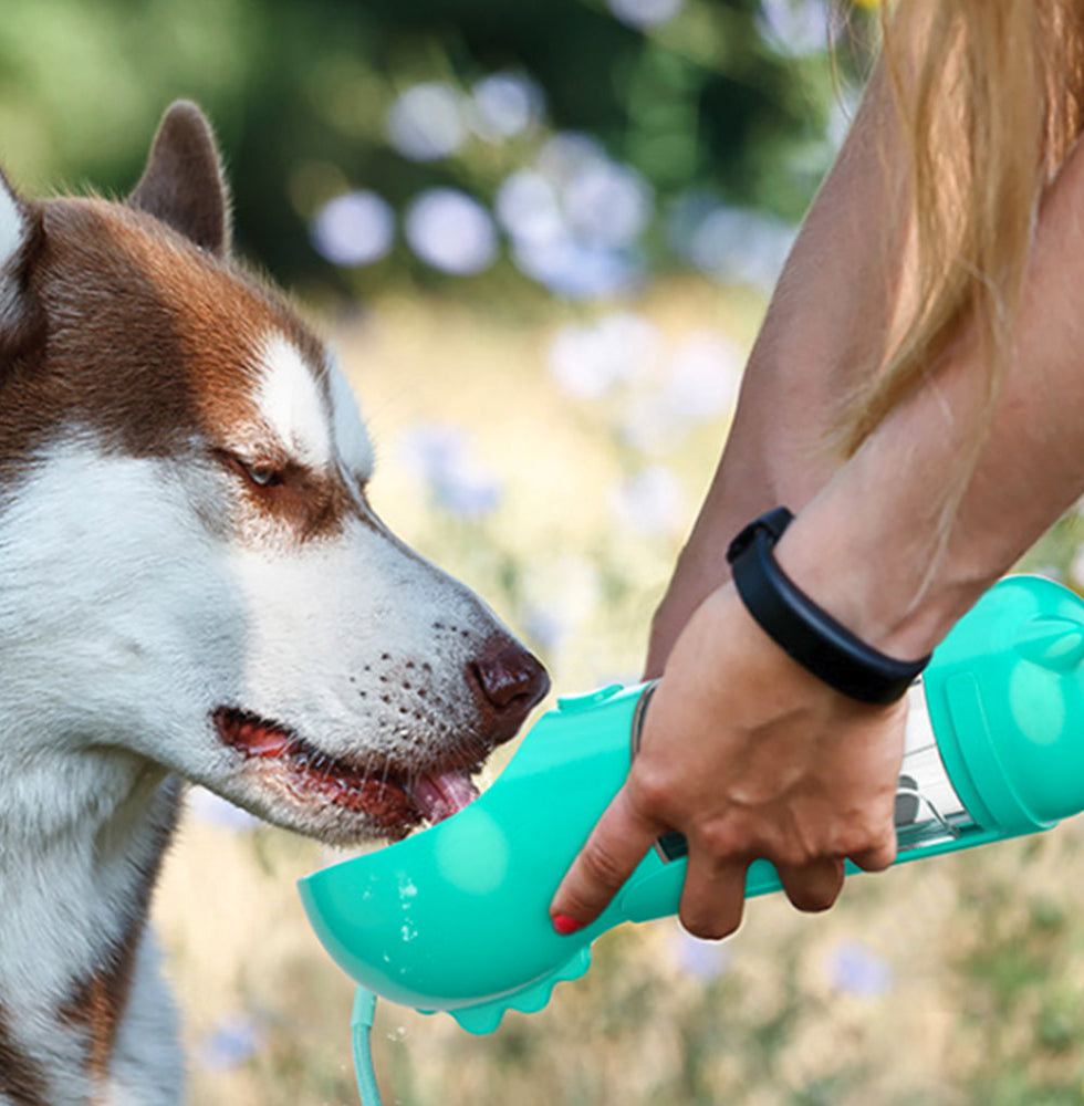 Dog Water Bottle 4-in-1 – Portable Travel with Food Bowl, Poop Shovel & Dispenser, Green By TopikaPet