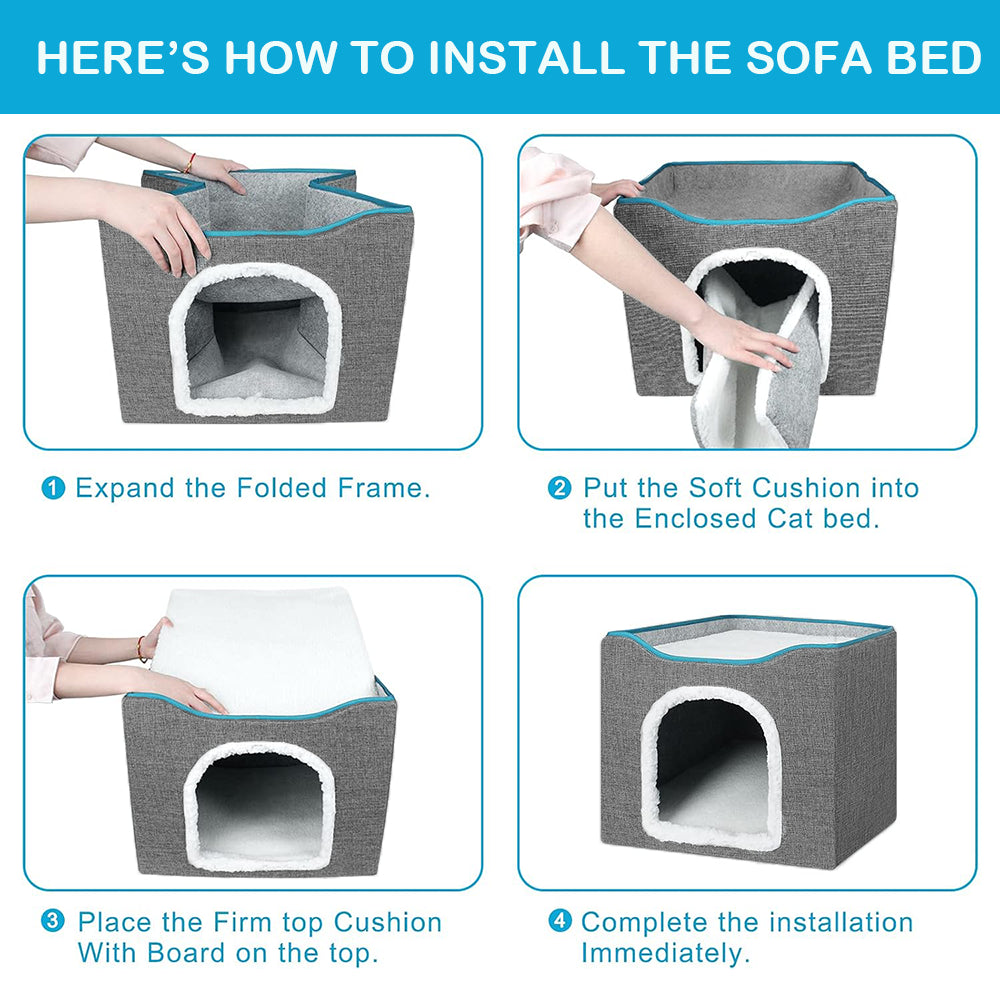 TopikaPet Foldable Cat Bed – Cozy Indoor Cat House with Scratch Pad & Toy (Grey, Each)