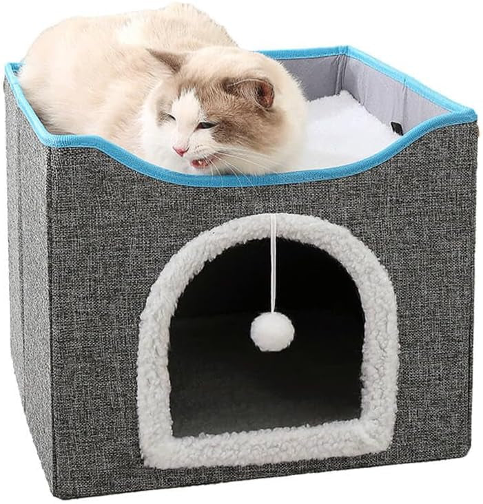 TopikaPet Foldable Cat Bed – Cozy Indoor Cat House with Scratch Pad & Toy (Grey, Each)