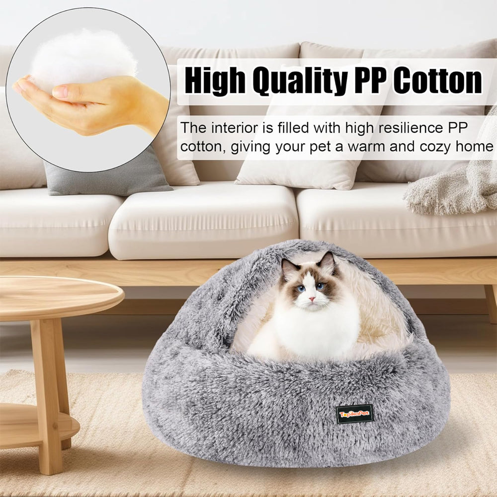 TopikaPet Hooded Cat Cave Bed – Cozy Plush Hideaway with Waterproof, Non-Slip Base Grey