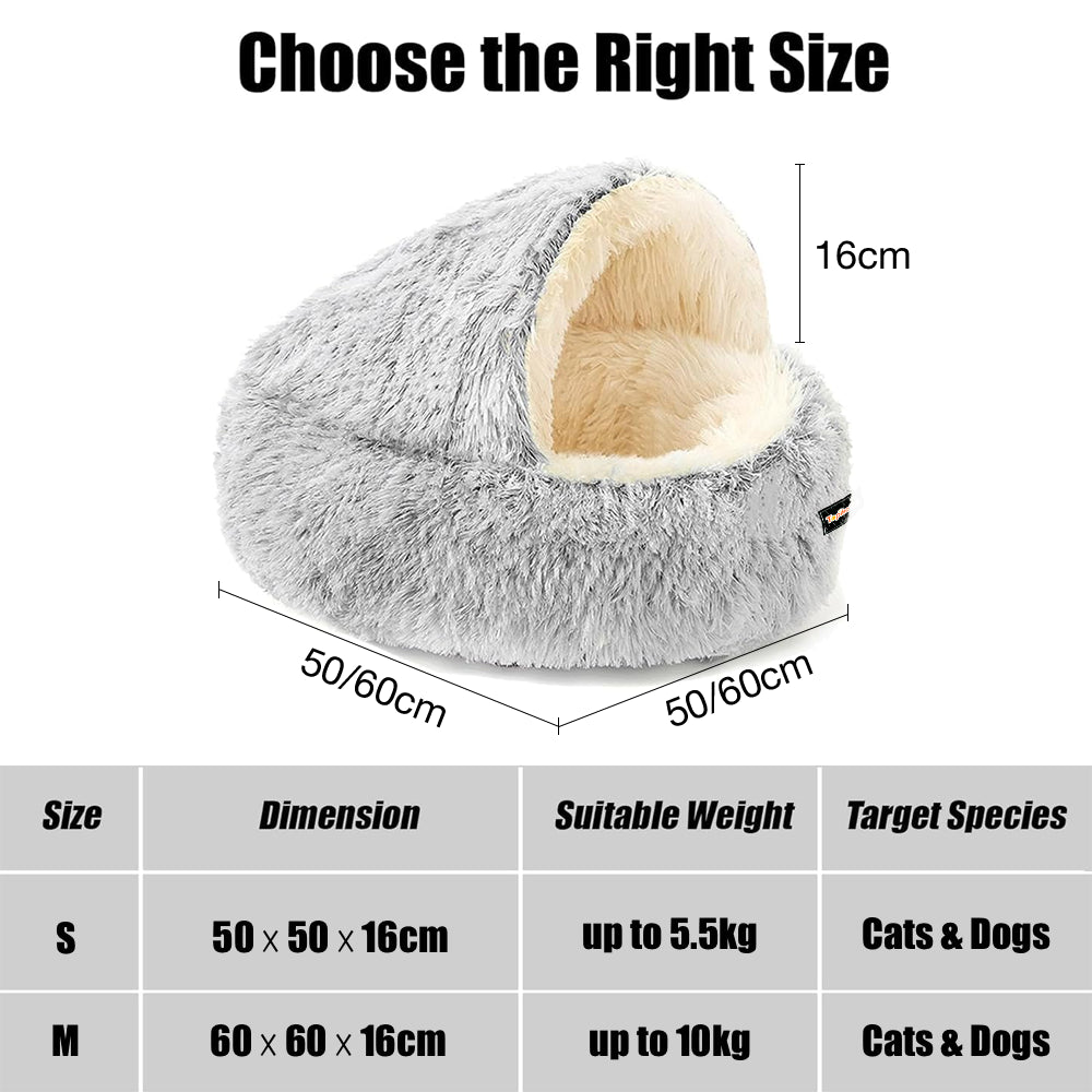 TopikaPet Hooded Cat Cave Bed – Cozy Plush Hideaway with Waterproof, Non-Slip Base Grey