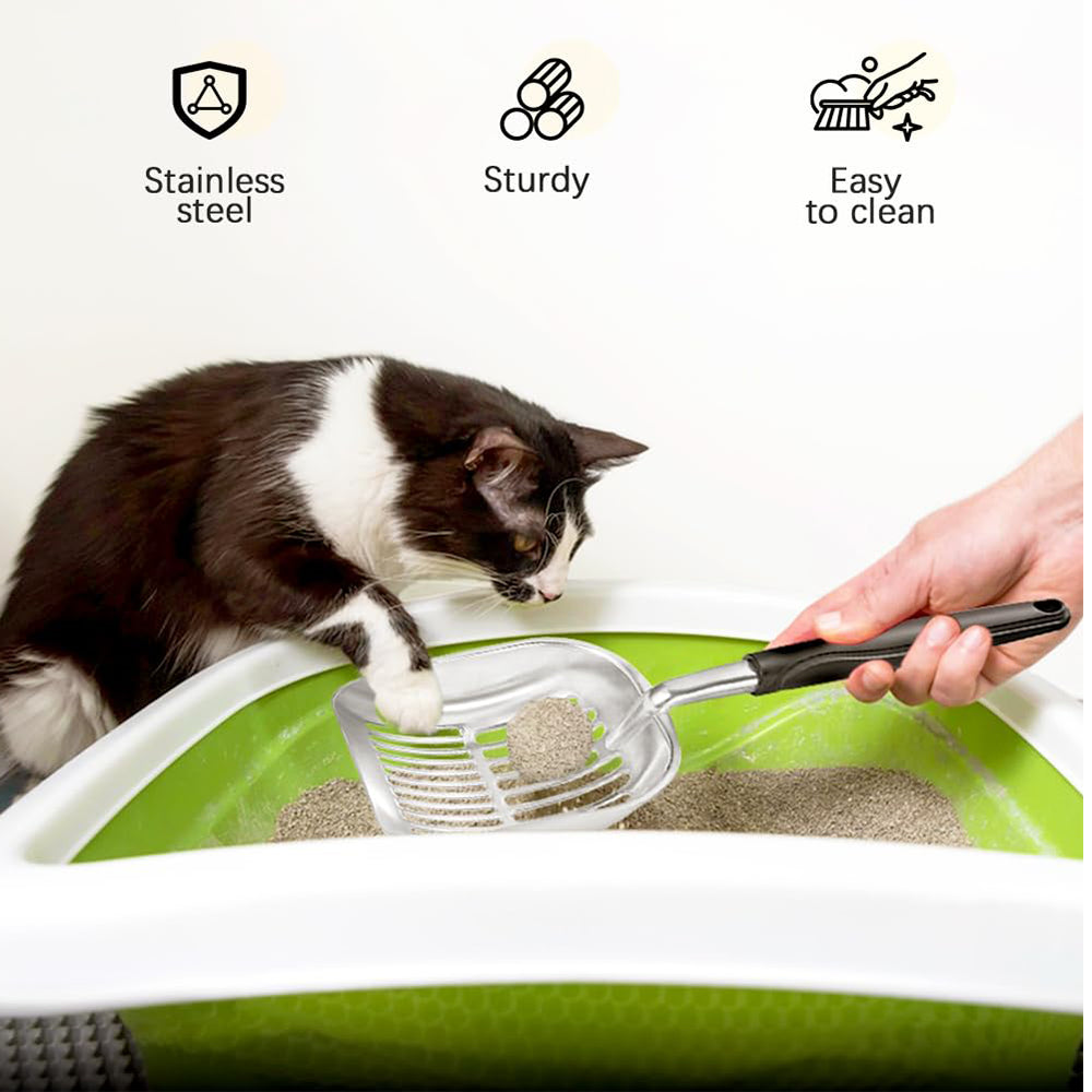 TopikaPet Stainless Steel Cat Litter Scoop – Durable, Hygienic Design with Long Handle for Easy Cleaning