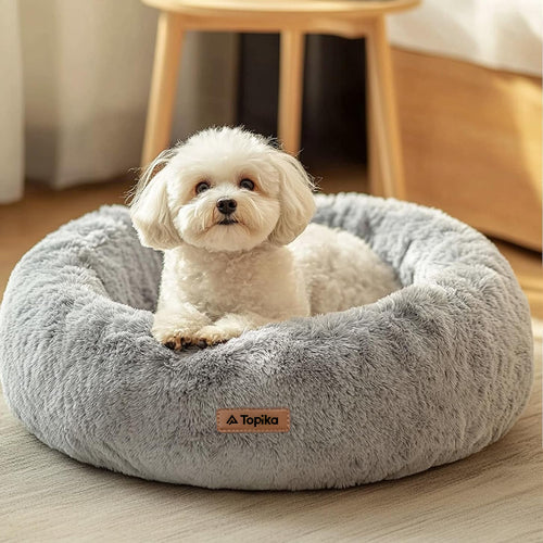 Calming Donut Pet Bed – Plush Round Cushion for Small Dogs & Cats, 60cm Light Grey By TopikaPet