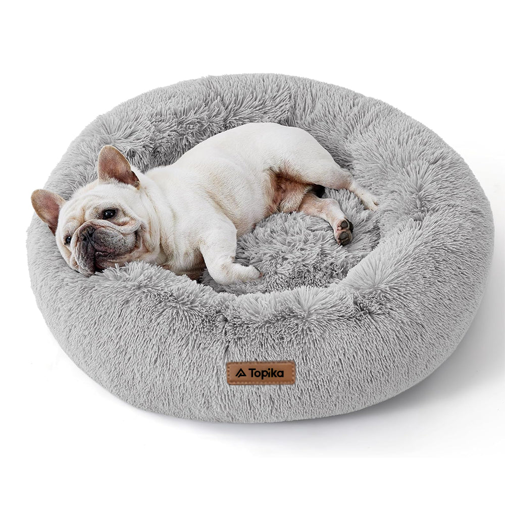 Calming Donut Pet Bed – Plush Round Cushion for Small Dogs & Cats, 60cm Light Grey By TopikaPet