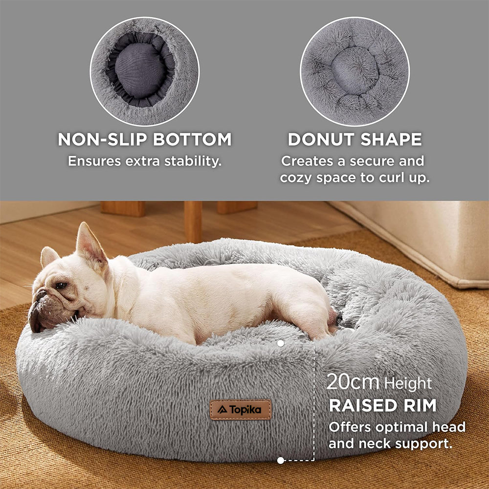 Calming Donut Pet Bed – Plush Round Cushion for Small Dogs & Cats, 60cm Light Grey By TopikaPet